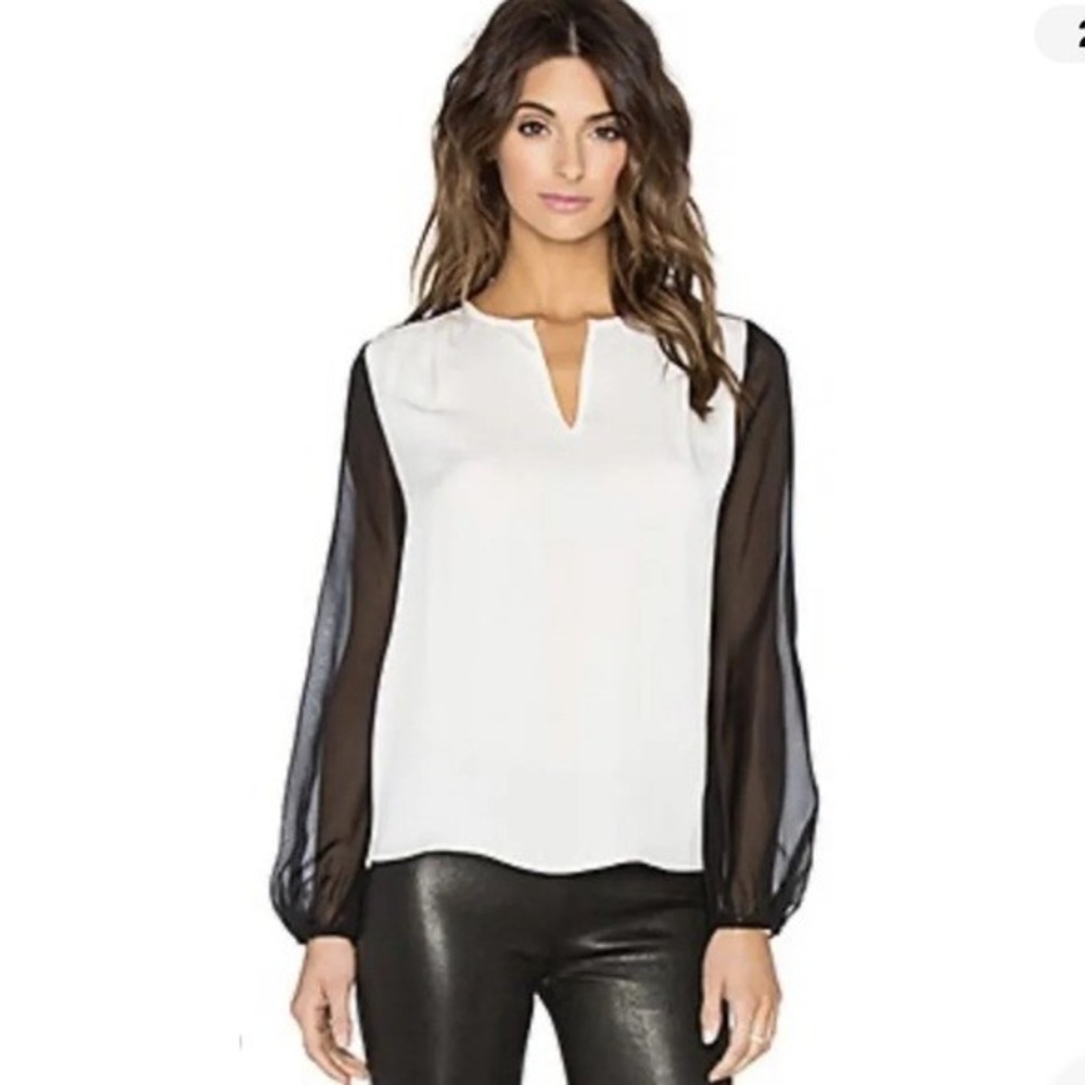 Diane von Furstenberg Nikki Silk Colorblock Blouse Black Ivory Keyhole Size 6‎